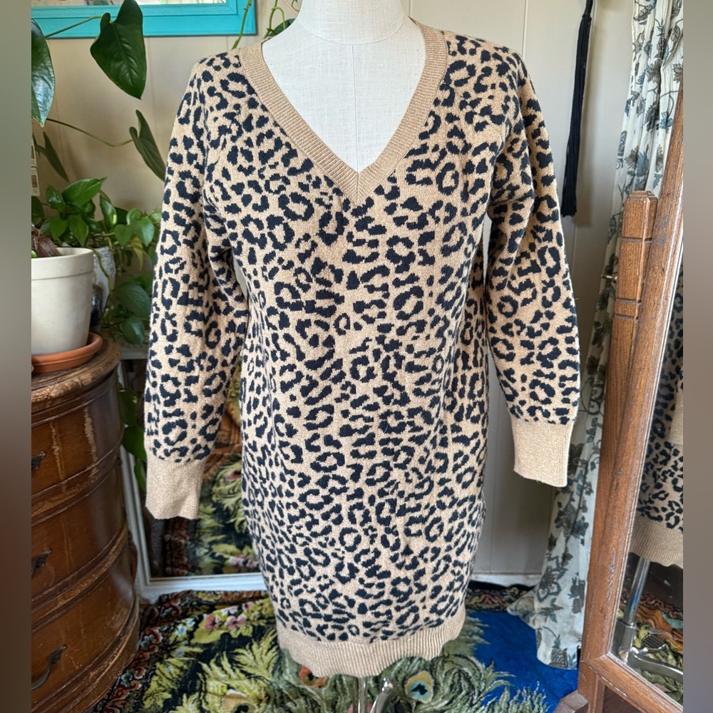 Old Navy Sweater Dress Women’s L Brown Leopard Print V-Neck Long Sleeve Knit